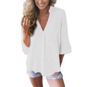 Noracora Women’s 3XL White Blouse‎ Bell Sleeve V-Neck Dainty Feminine Office Top